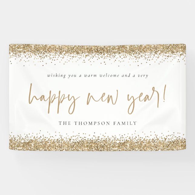 Gold Glitter Happy New Year Name White Banner (Horizontal)