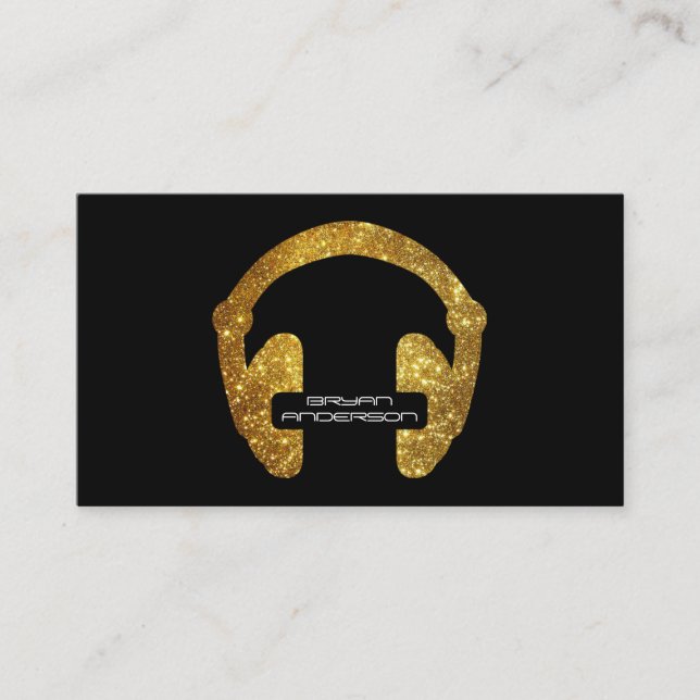 Gold Glitter Headphone DJ Business Card (Front)