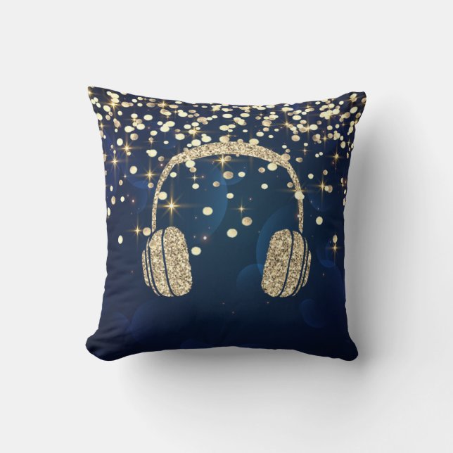 Gold Glitter Headphone,Stars Dots Navy Blue Cushion (Front)