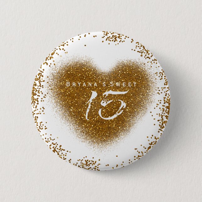 Gold Glitter Heart 15 Quinceincera Birthday Pin (Front)