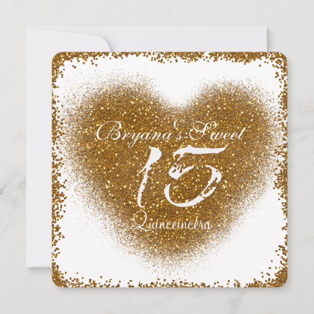 Gold Glitter Heart 15 Quinceincera Invitations (Front)