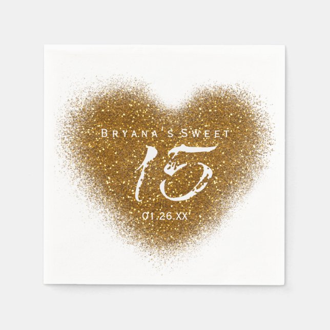 Gold Glitter Heart 15 Quinceincera Party Napkins (Front)
