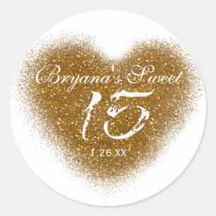 Gold Glitter Heart 15 Quinceincera Party Stickers