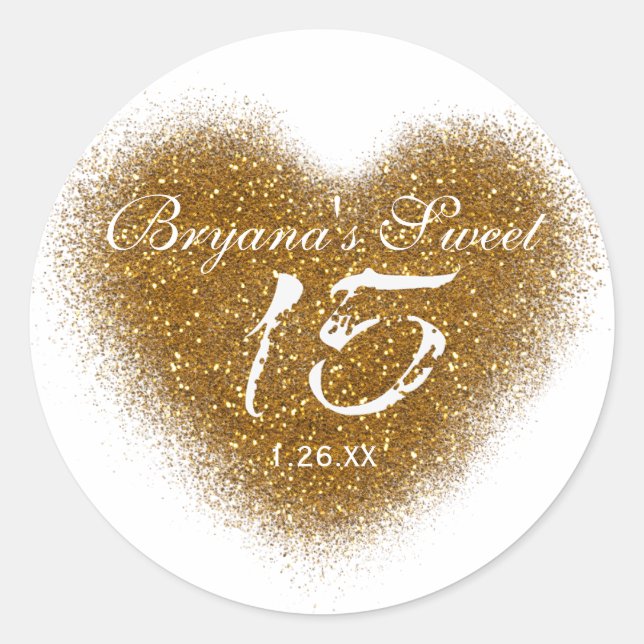Gold Glitter Heart 15 Quinceincera Party Stickers (Front)