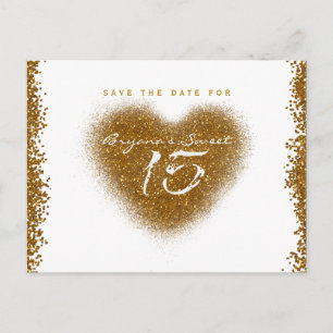 Gold Glitter Heart 15 Quinceincera Save The Date Announcement Postcard