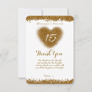 Gold Glitter Heart 15 Quinceincera Thank You Card