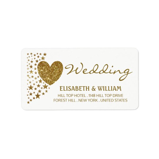Gold Glitter Heart and Stars Wedding Address Label