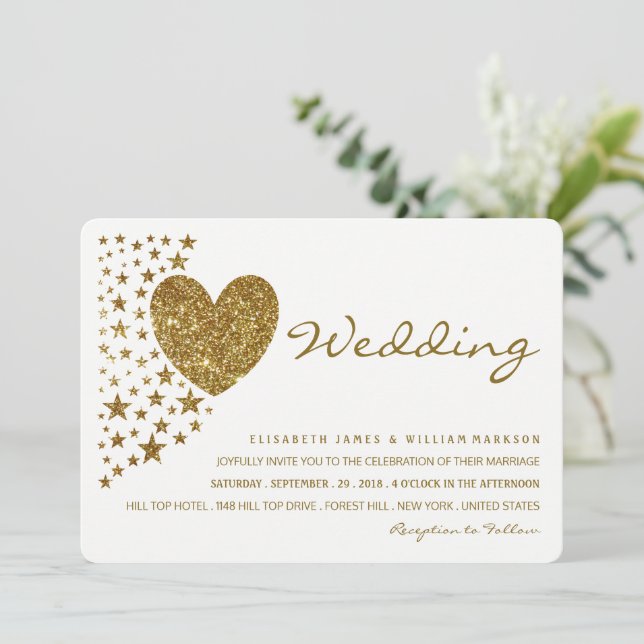Gold Glitter Heart and Stars Wedding Invitation (Standing Front)