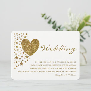 Gold Glitter Heart and Stars Wedding Invitation