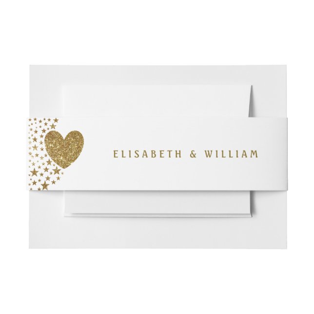 Gold Glitter Heart and Stars Wedding Invitation Belly Band (Front Example)