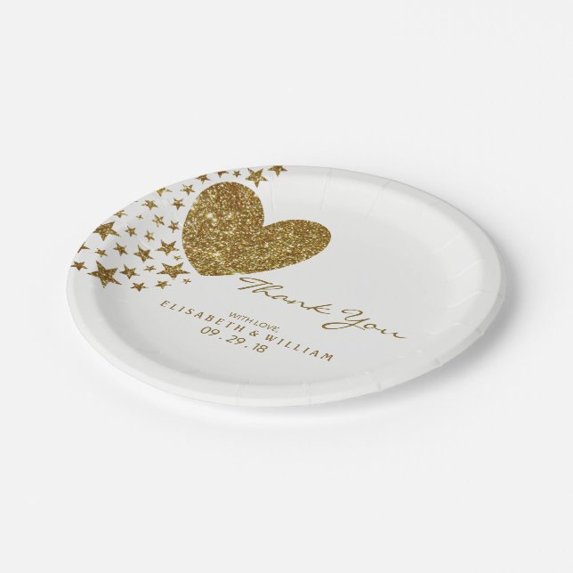 Gold Glitter Heart and Stars Wedding Paper Plate (Angled)