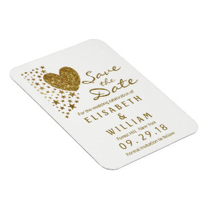 Gold Glitter Heart and Stars Wedding Save The Date Magnet