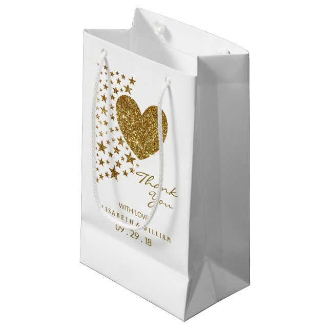 Gold Glitter Heart and Stars Wedding Small Gift Bag (Front Angled)