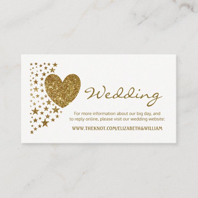 Gold Glitter Heart and Stars Wedding Website Enclosure Card (Front)