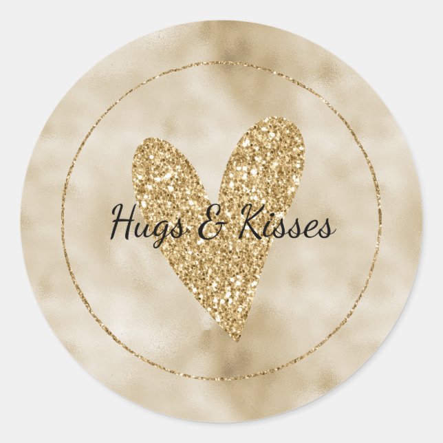 Gold Glitter Heart Classic Round Sticker (Front)