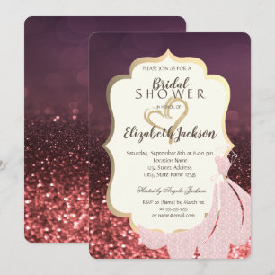 Gold Glitter Heart,Dress Bokeh Bridal Shower Invitation