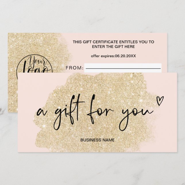 gold glitter heart logo pink gift certificate (Front/Back)