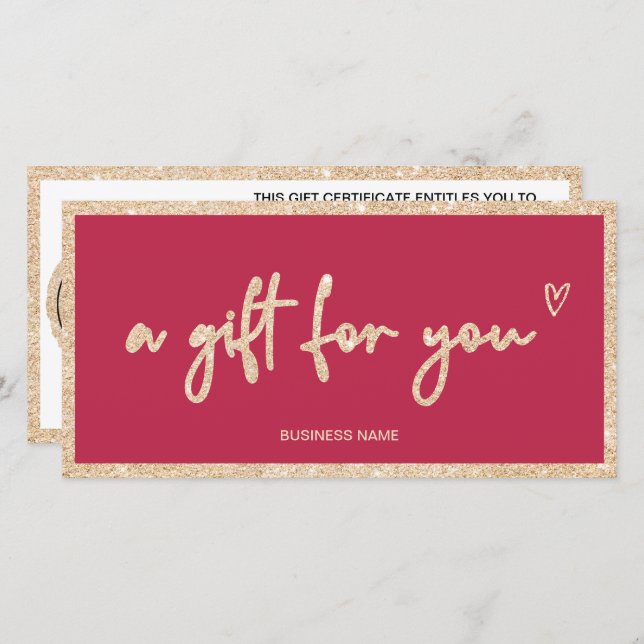 Gold glitter heart magenta logo gift certificate (Front/Back)