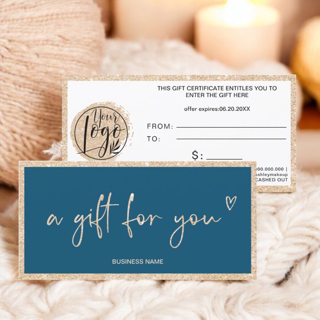 Gold glitter heart navy blue logo gift certificate (Gold glitter heart navy blue logo gift certificate)