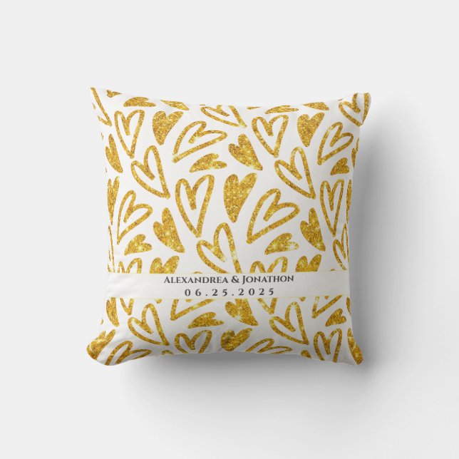 Gold Glitter Heart Personalised Wedding Cushion (Front)