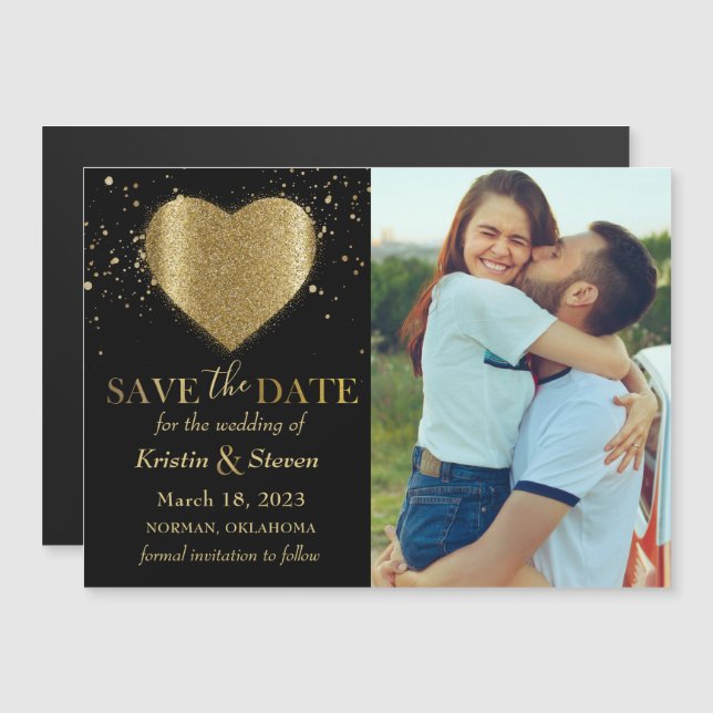 Gold Glitter Heart Photo Save the Date Magnet (Front/Back)