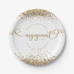 Gold Glitter Heart Script Names Engagement White Paper Plate