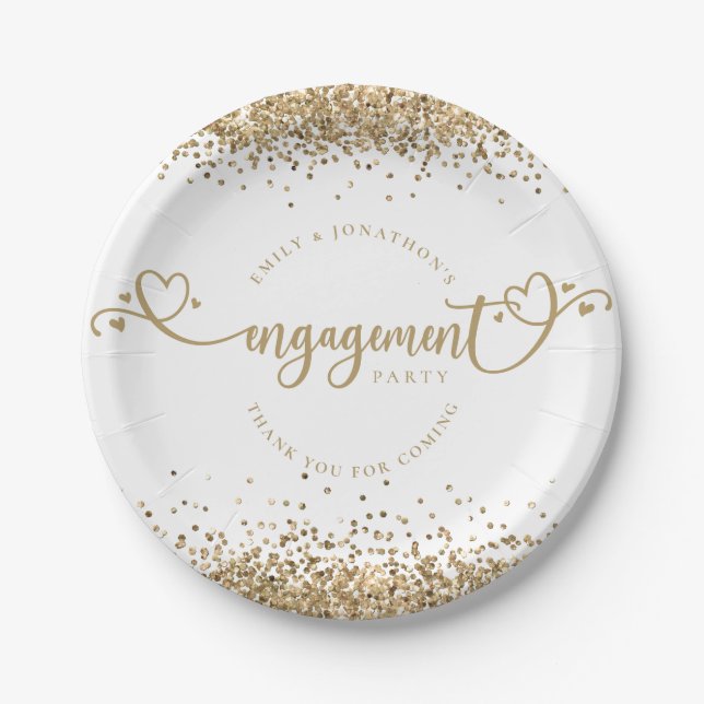 Gold Glitter Heart Script Names Engagement White Paper Plate (Front)