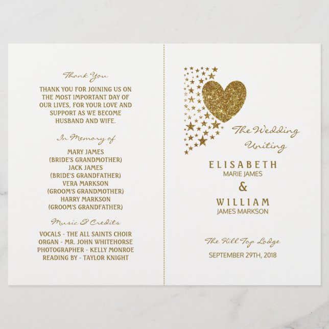 Gold Glitter Heart & Stars Wedding Bi-fold Program (Front)