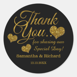 Gold Glitter Heart Thank You Wedding Favor Black  Classic Round Sticker