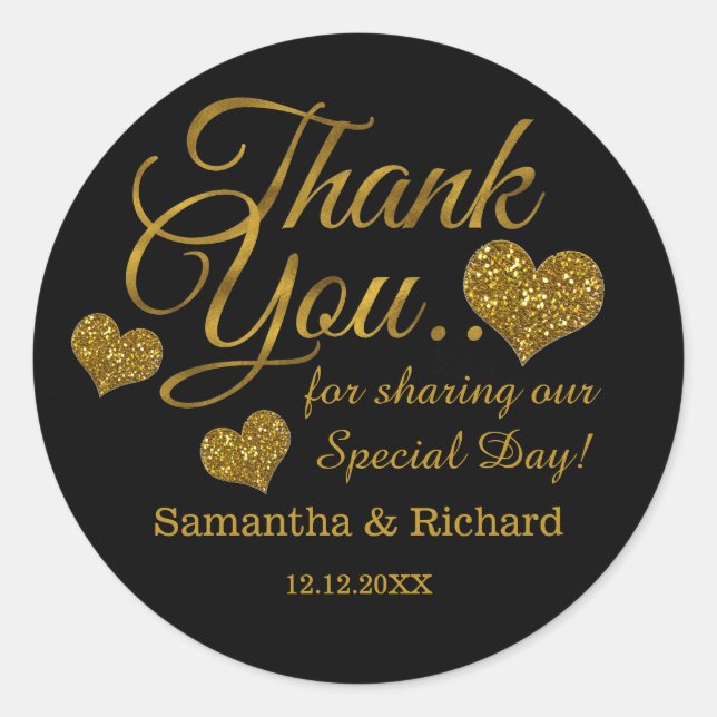 Gold Glitter Heart Thank You Wedding Favor Black  Classic Round Sticker (Front)