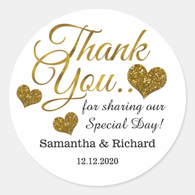 Gold Glitter Heart Thank You Wedding Favour   Classic Round Sticker (Front)