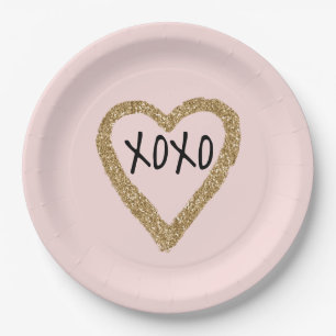 Gold Glitter Heart XOXO Paper Plate