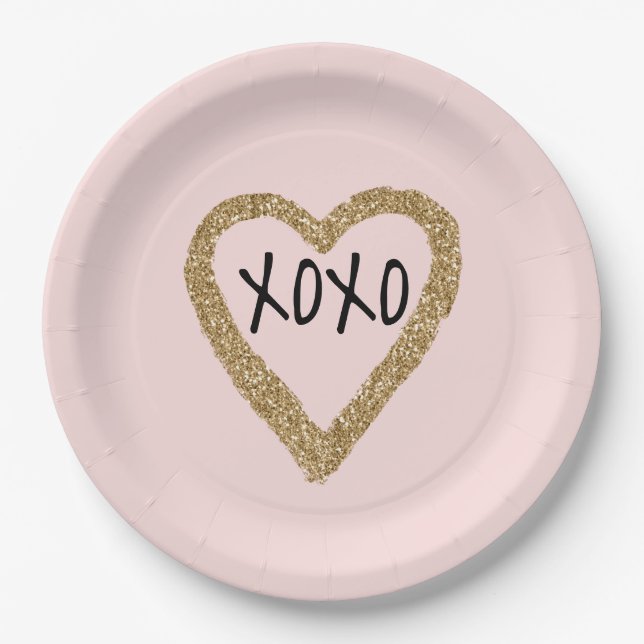 Gold Glitter Heart XOXO Paper Plate (Front)
