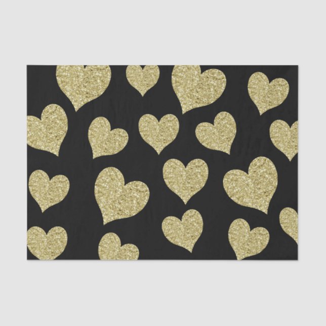 Gold Glitter Hearts on Black Tissue Paper (Front)