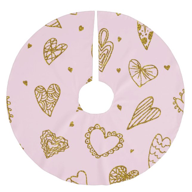 Gold glitter hearts: pink background pattern brushed polyester tree skirt (Front)