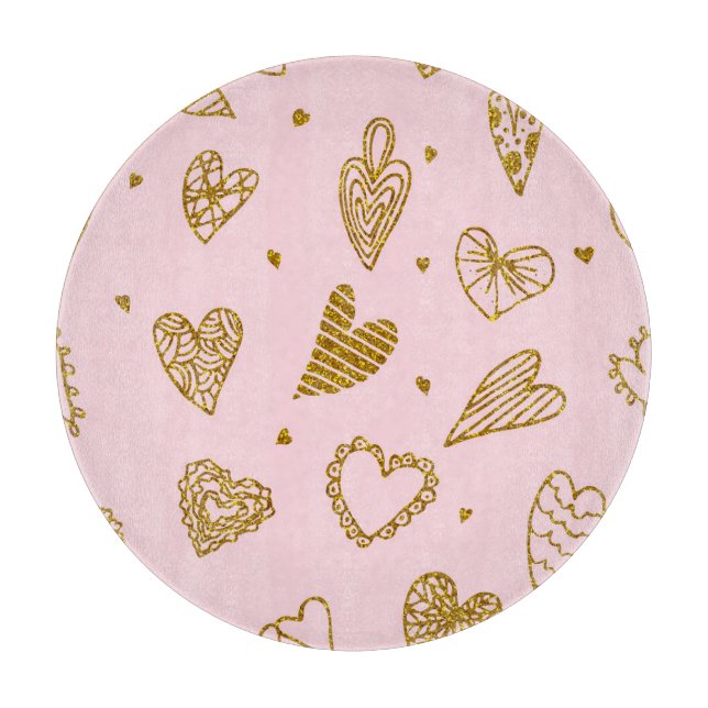 Gold glitter hearts: pink background pattern cutting board (Front)