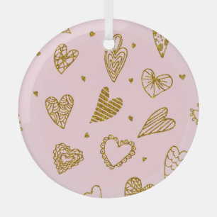 Gold glitter hearts: pink background pattern glass tree decoration