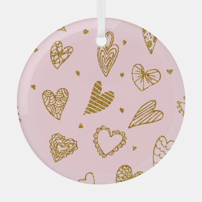 Gold glitter hearts: pink background pattern glass tree decoration (Front)