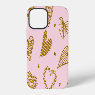 Gold glitter hearts: pink background pattern iPhone 12 case
