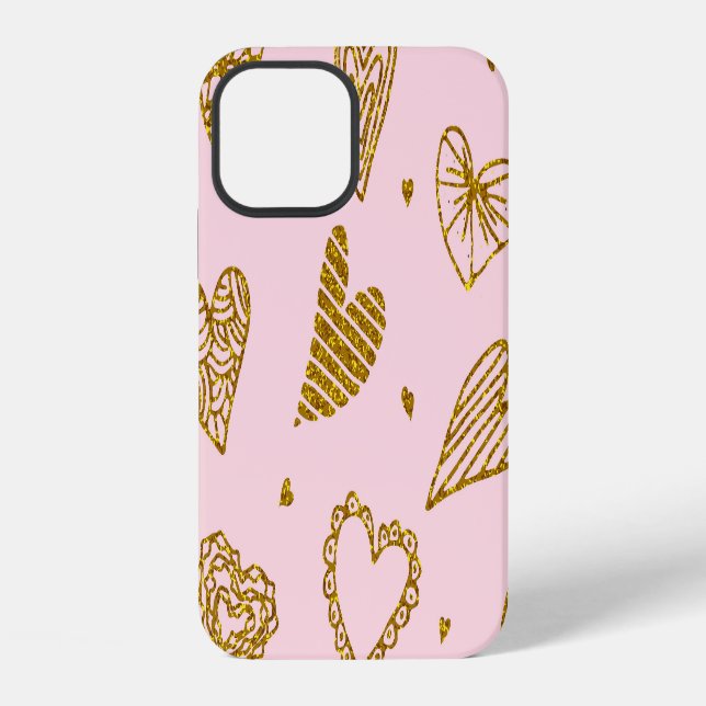 Gold glitter hearts: pink background pattern iPhone case (Back)