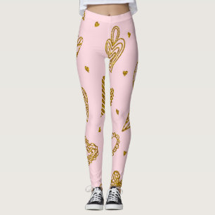 Gold glitter hearts: pink background pattern leggings