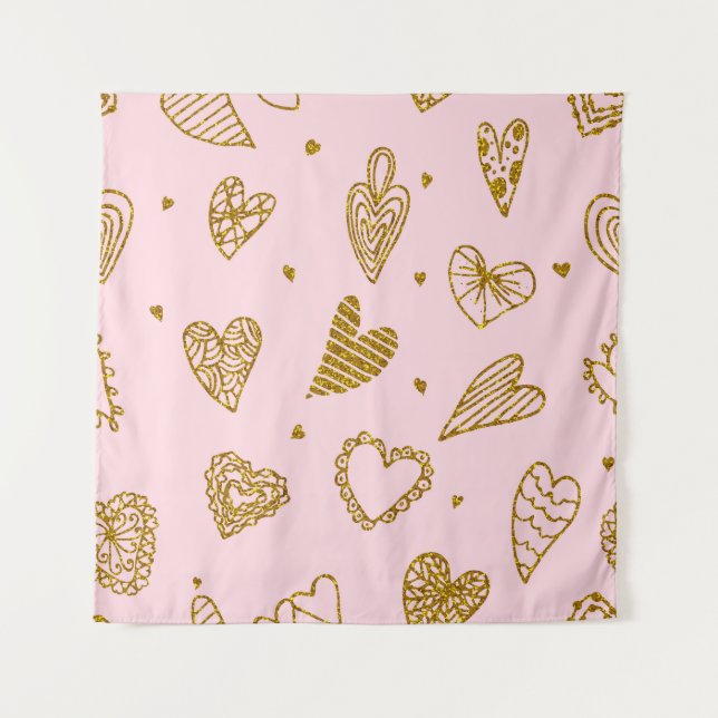 Gold glitter hearts: pink background pattern tapestry (Front)