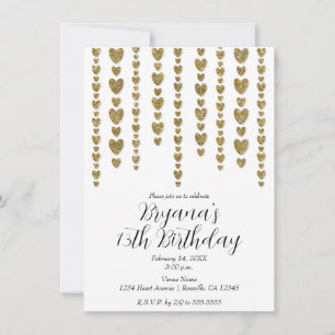 Gold Glitter Hearts Valentine Birthday Party Invitation