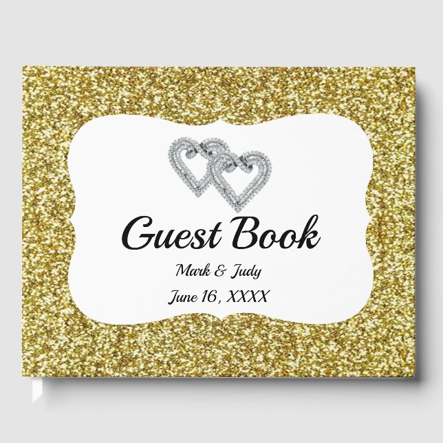 Gold Glitter Hearts Wedding Guestbook (Front)