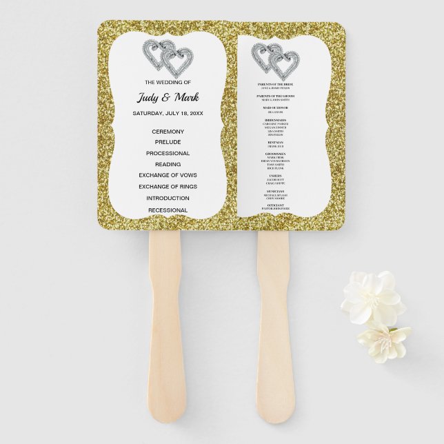 Gold Glitter Hearts Wedding Program Fans (Front and Back)