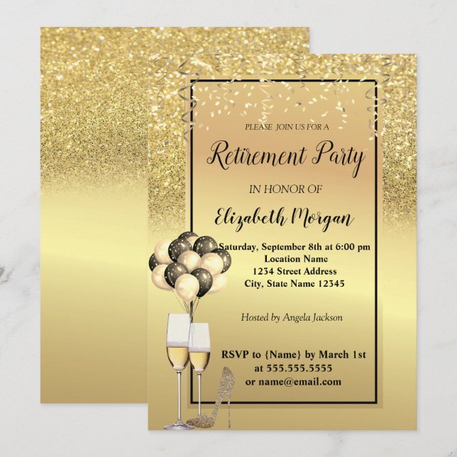 Gold Glitter  Heels,Glass,Ballons Retirement Party Invitation (Front/Back)