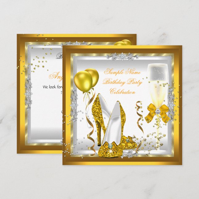 Gold Glitter Heels White Yellow Birthday Party Invitation (Front/Back)