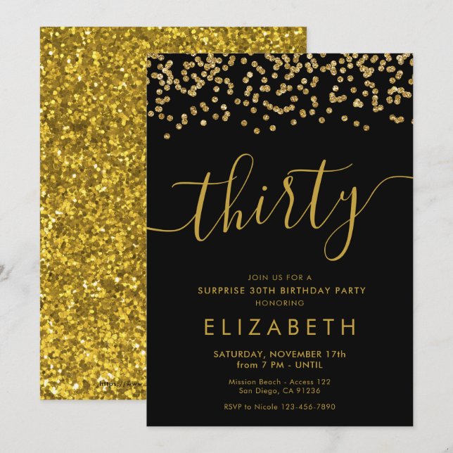 Gold Glitter Hello 30 Thirtieth Birthday Invitatio Invitation (Front/Back)