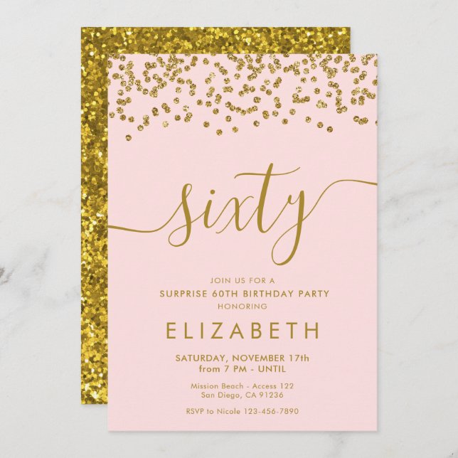 Gold Glitter Hello 60 Sixtieth Birthday Invitation (Front/Back)