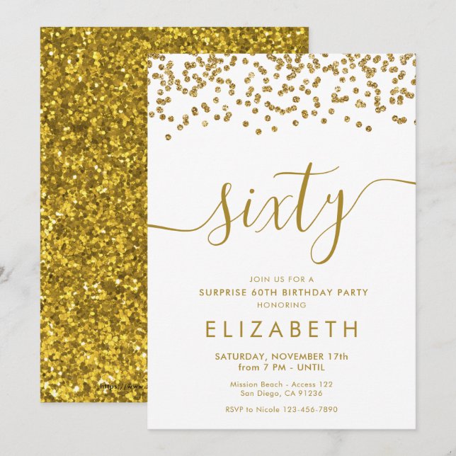 Gold Glitter Hello 60 Sixtieth Birthday Invitation (Front/Back)